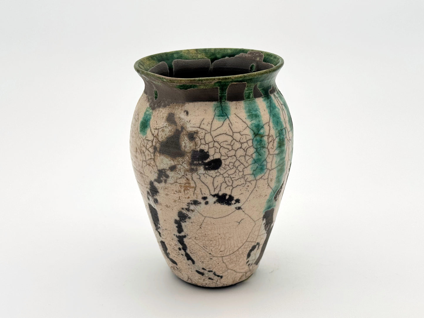 Raku Vase — White Cracke & Green (8")