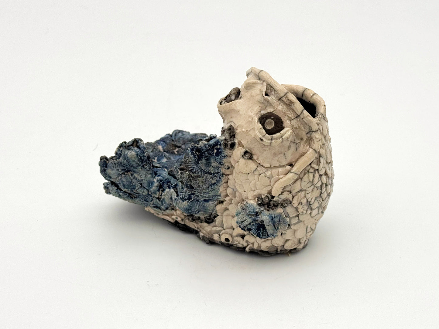 Raku Fish — White Crackle & Blue Barnacle (Large)
