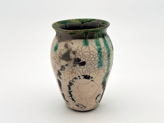 Raku Vase — White Cracke & Green (8")